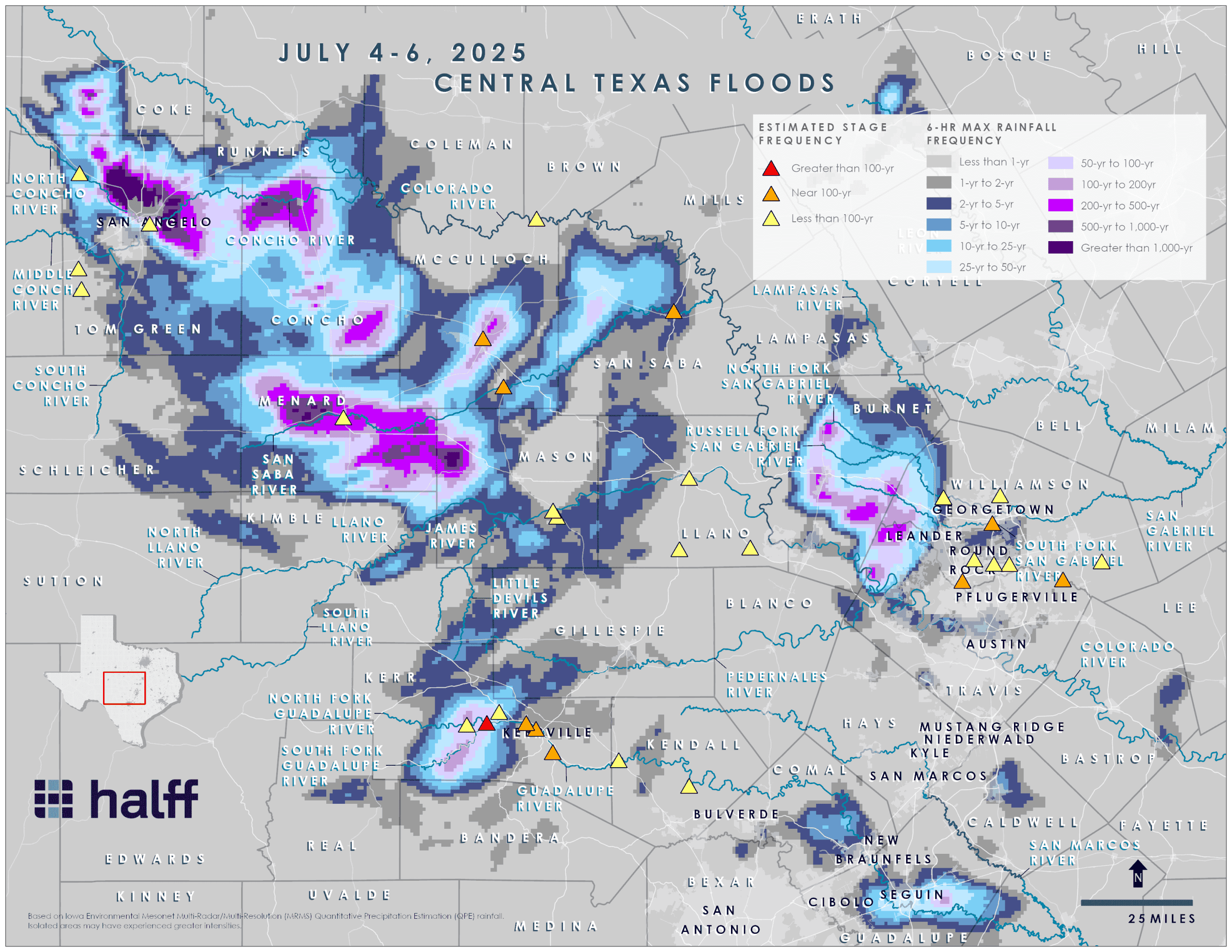 Halff used the 2D BLE models to quickly assess the July flood events in the Upper Guadalupe, San Gabriel, and San Saba HUC8 watersheds. 