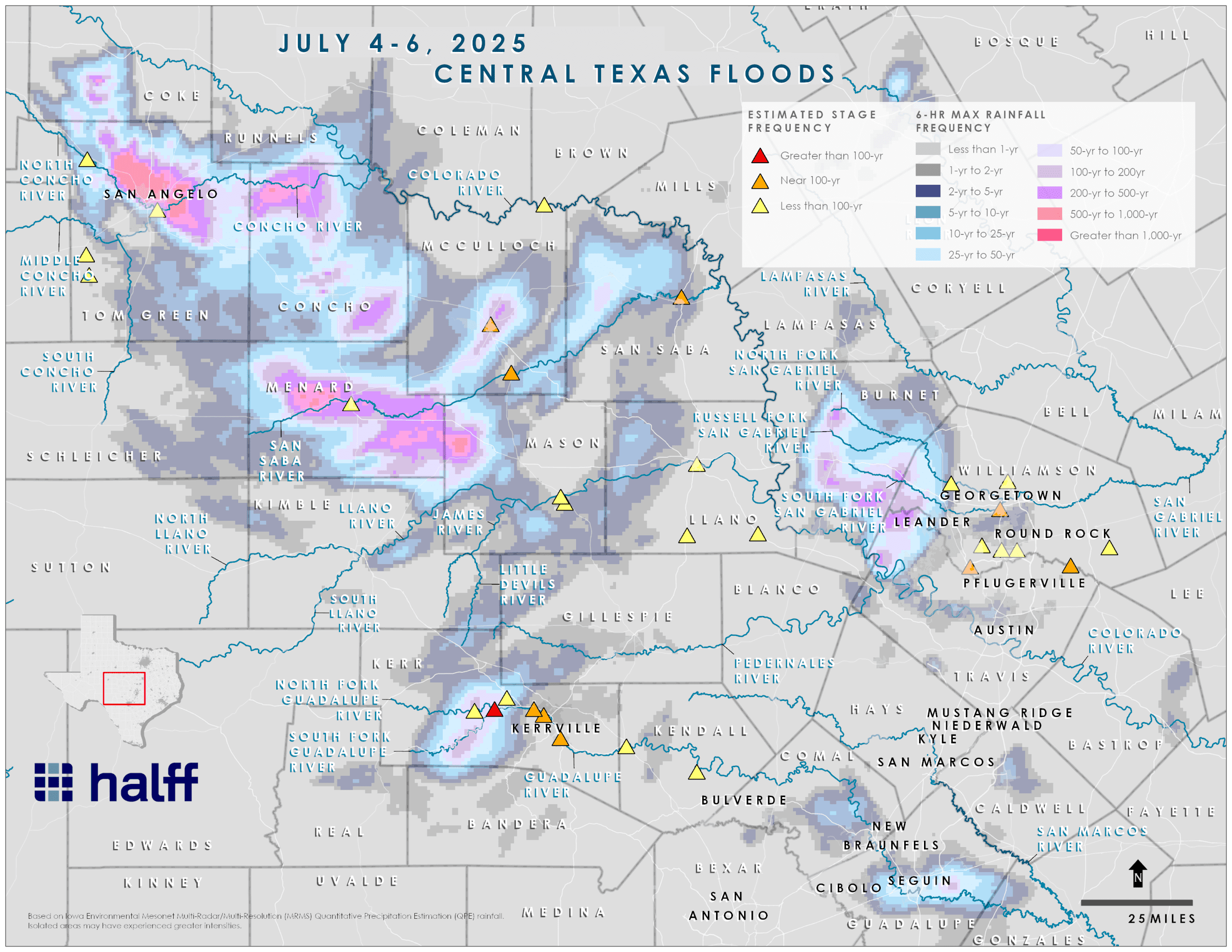 Central Texas July 4-6, 2025, rainfall for 6 hours map Halff
